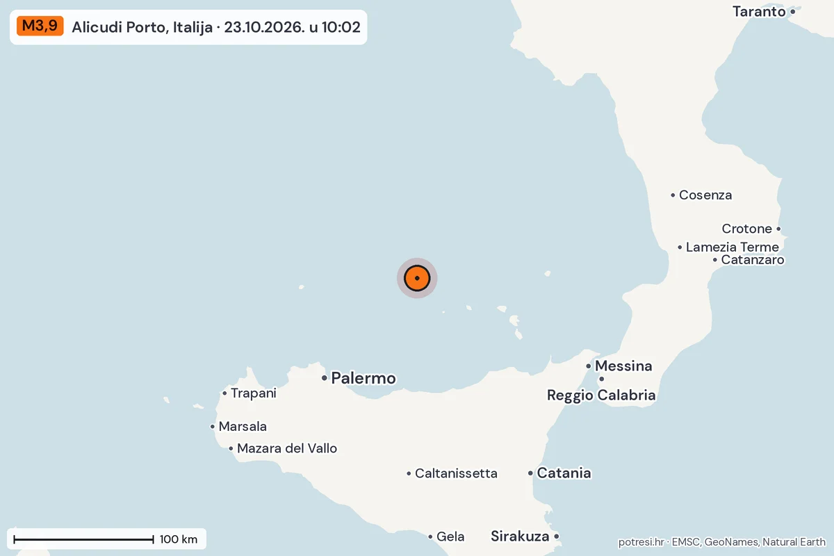 Karta: šire područje, 600 km, potres M3,9, Alicudi Porto, Italija, 23.10.2026.