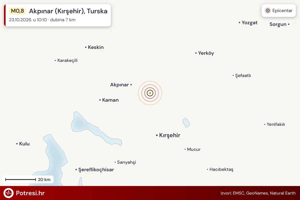 Karta: šire područje i vjerojatni doseg osjeta, potres M0,8, Akpınar (Kırşehir), Turska, 23.10.2026.