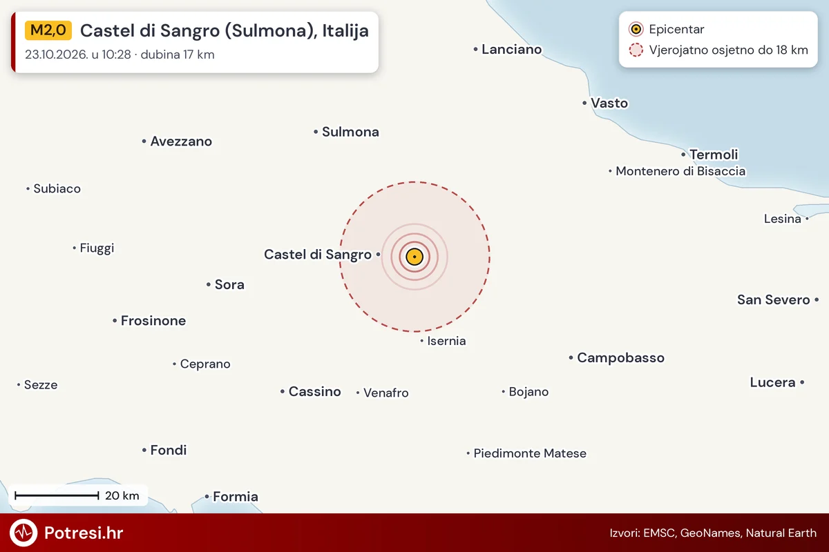 Karta: šire područje i vjerojatni doseg osjeta, potres M2,0, Castel di Sangro (Sulmona), Italija, 23.10.2026.