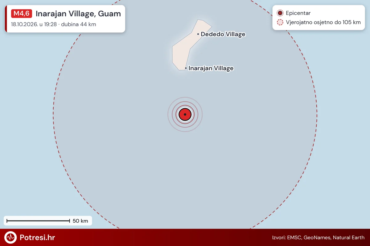 Karta: šire područje i vjerojatni doseg osjeta, potres M4,6, Inarajan Village, Guam, 18.10.2026.