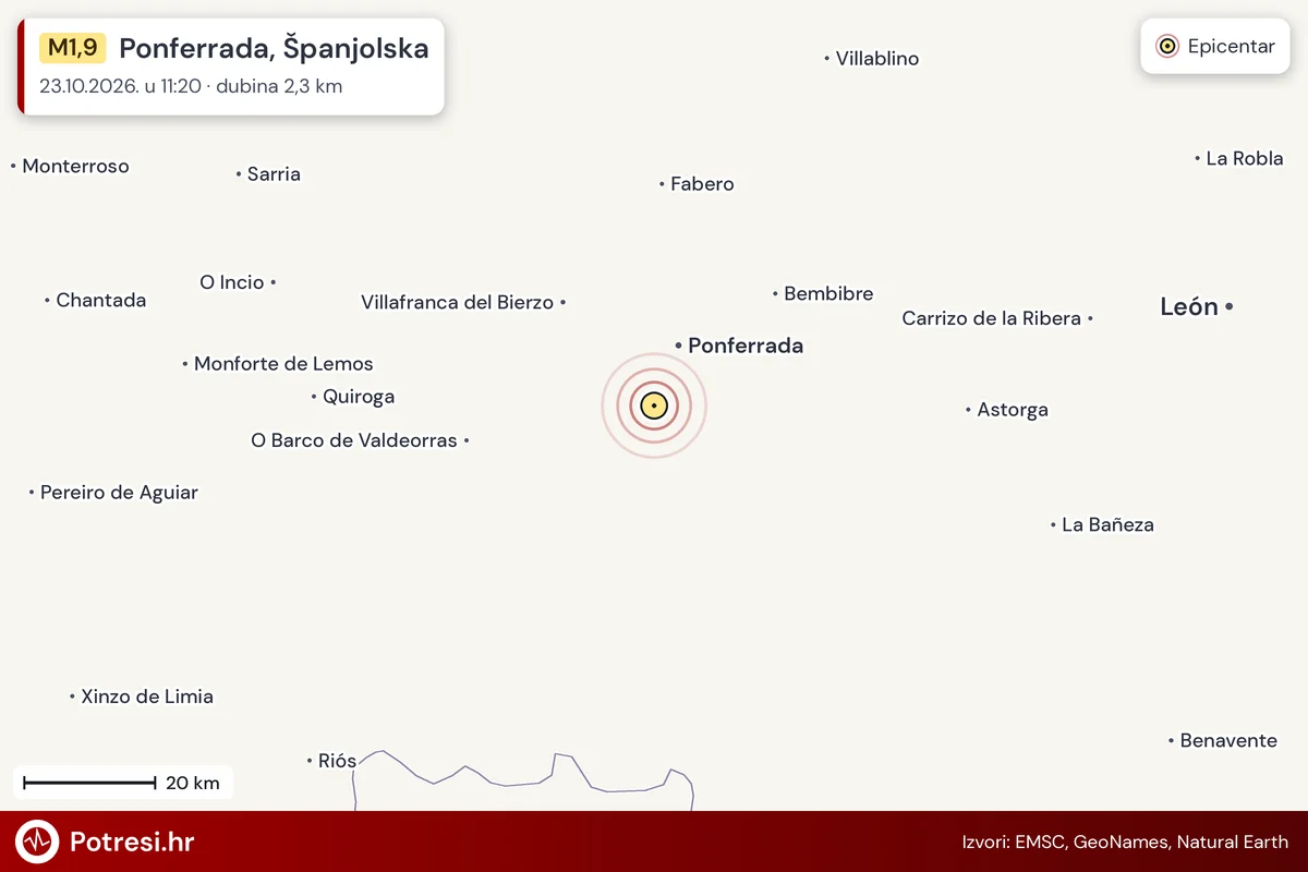 Karta: šire područje i vjerojatni doseg osjeta, potres M1,9, Ponferrada, Španjolska, 23.10.2026.