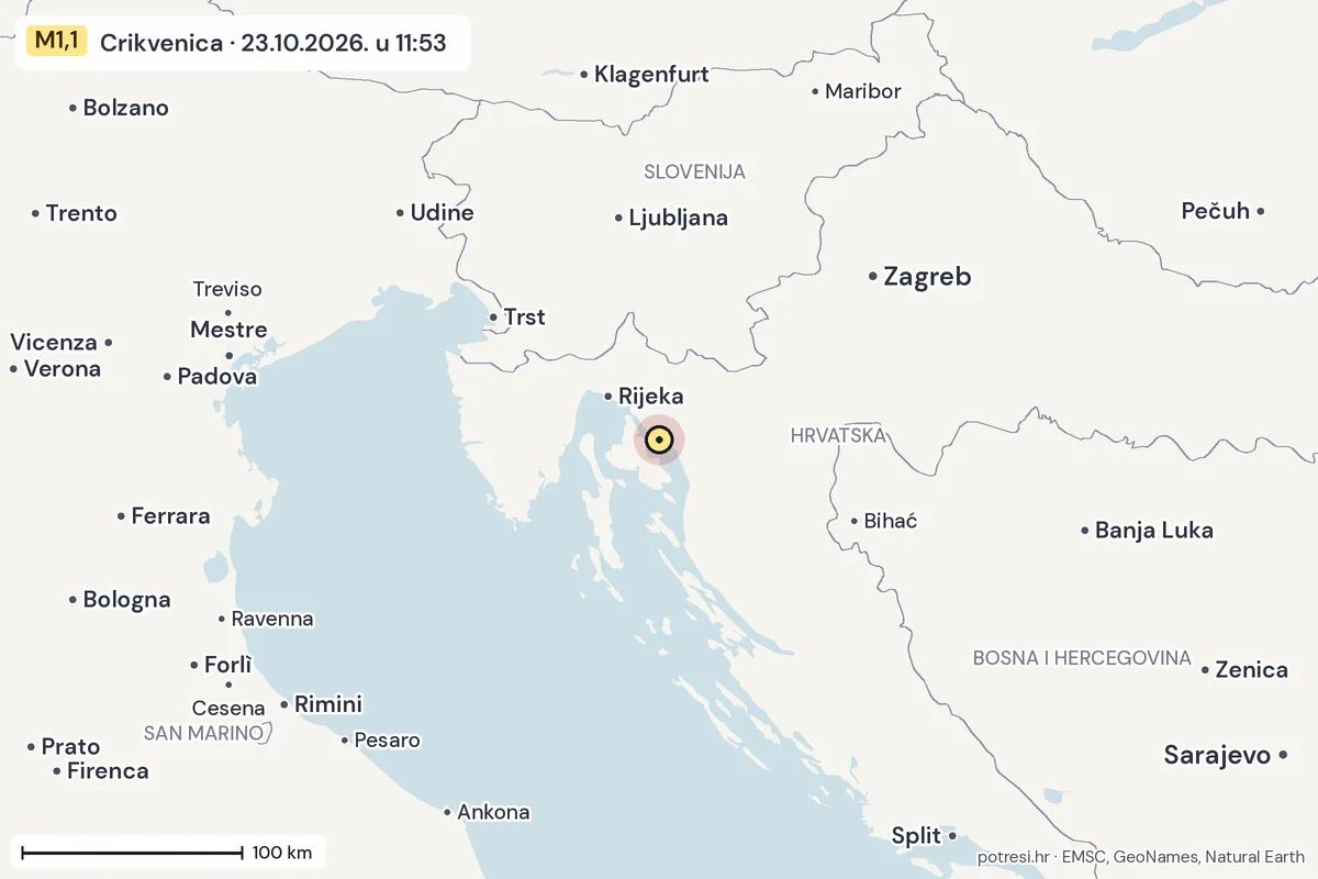 Karta: šire područje, 600 km, potres M1,1, Crikvenica, 23.10.2026.