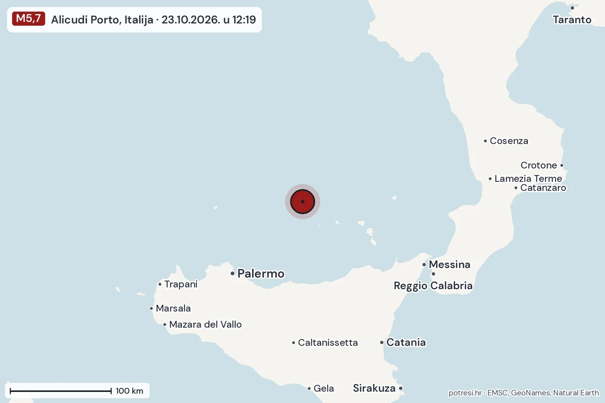Karta: šire područje, 600 km, potres M5,7, Alicudi Porto, Italija, 23.10.2026.