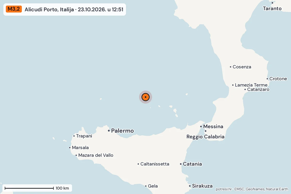 Karta: šire područje, 600 km, potres M3,2, Alicudi Porto, Italija, 23.10.2026.