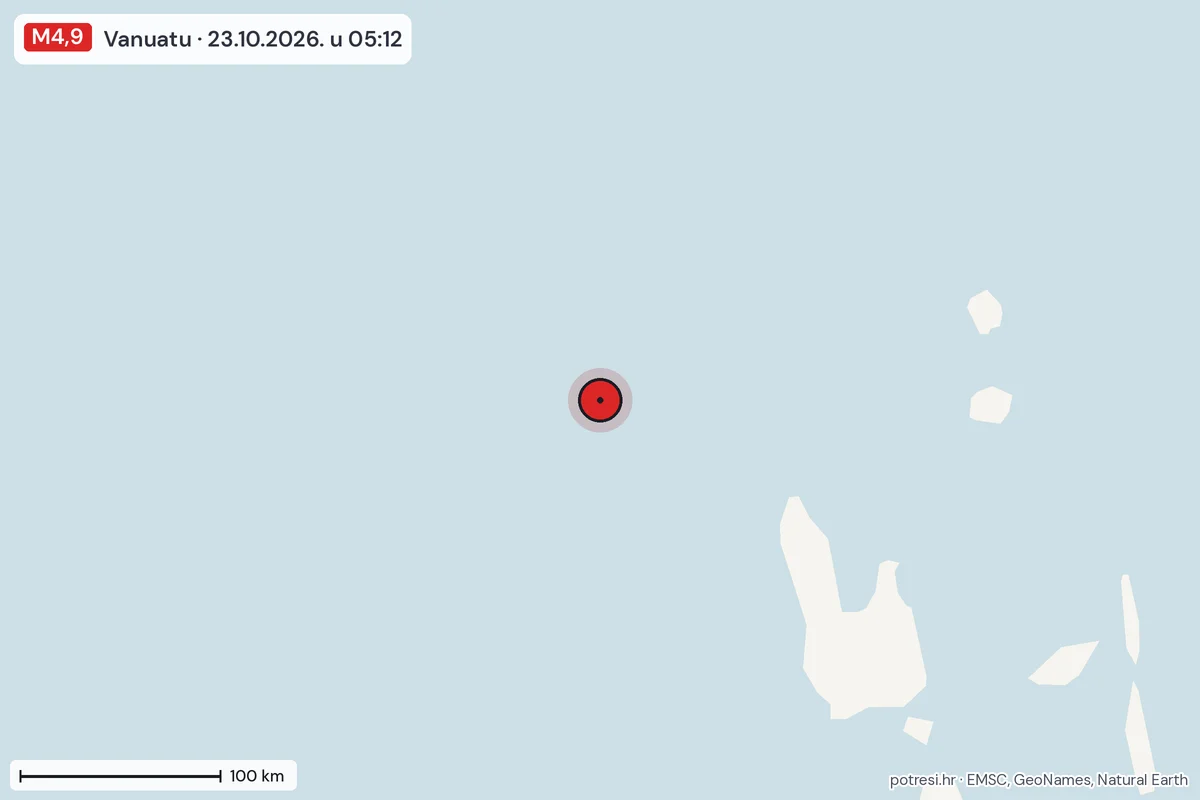 Karta: šire područje, 600 km, potres M4,9, Vanuatu, 23.10.2026.