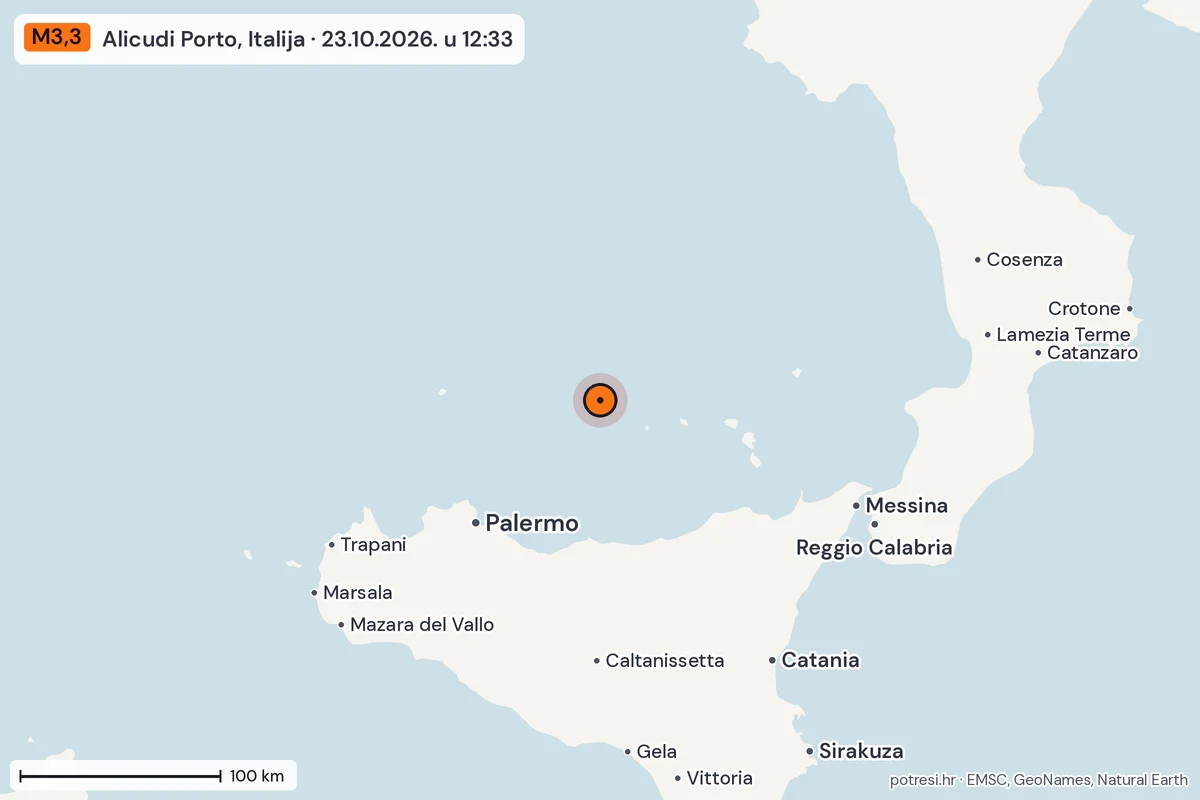 Karta: šire područje, 600 km, potres M3,3, Alicudi Porto, Italija, 23.10.2026.