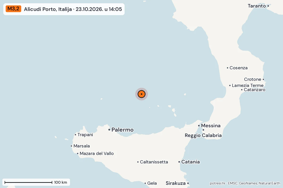 Karta: šire područje, 600 km, potres M3,2, Alicudi Porto, Italija, 23.10.2026.