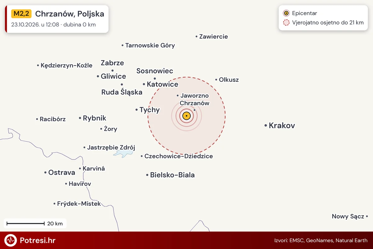 Karta: šire područje i vjerojatni doseg osjeta, potres M2,2, Chrzanów, Poljska, 23.10.2026.