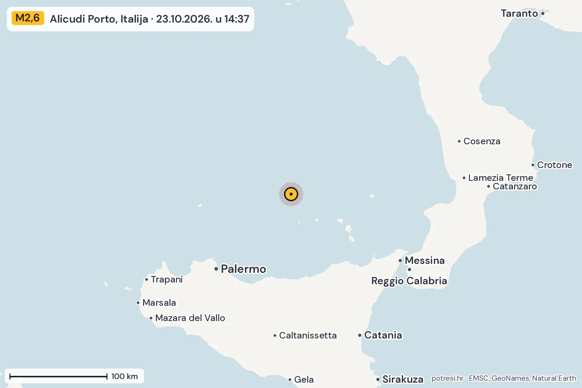Karta: šire područje, 600 km, potres M2,6, Alicudi Porto, Italija, 23.10.2026.