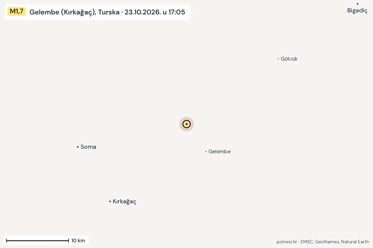 Karta: okolica epicentra, 60 km, potres M1,7, Gelembe (Kırkağaç), Turska, 23.10.2026.