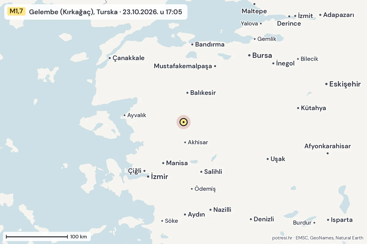 Karta: šire područje, 600 km, potres M1,7, Gelembe (Kırkağaç), Turska, 23.10.2026.
