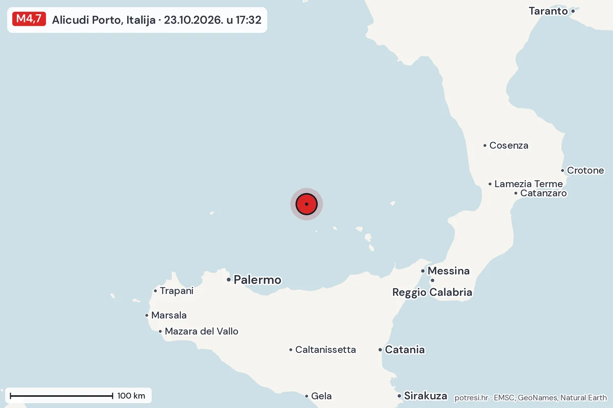 Karta: šire područje, 600 km, potres M4,7, Alicudi Porto, Italija, 23.10.2026.