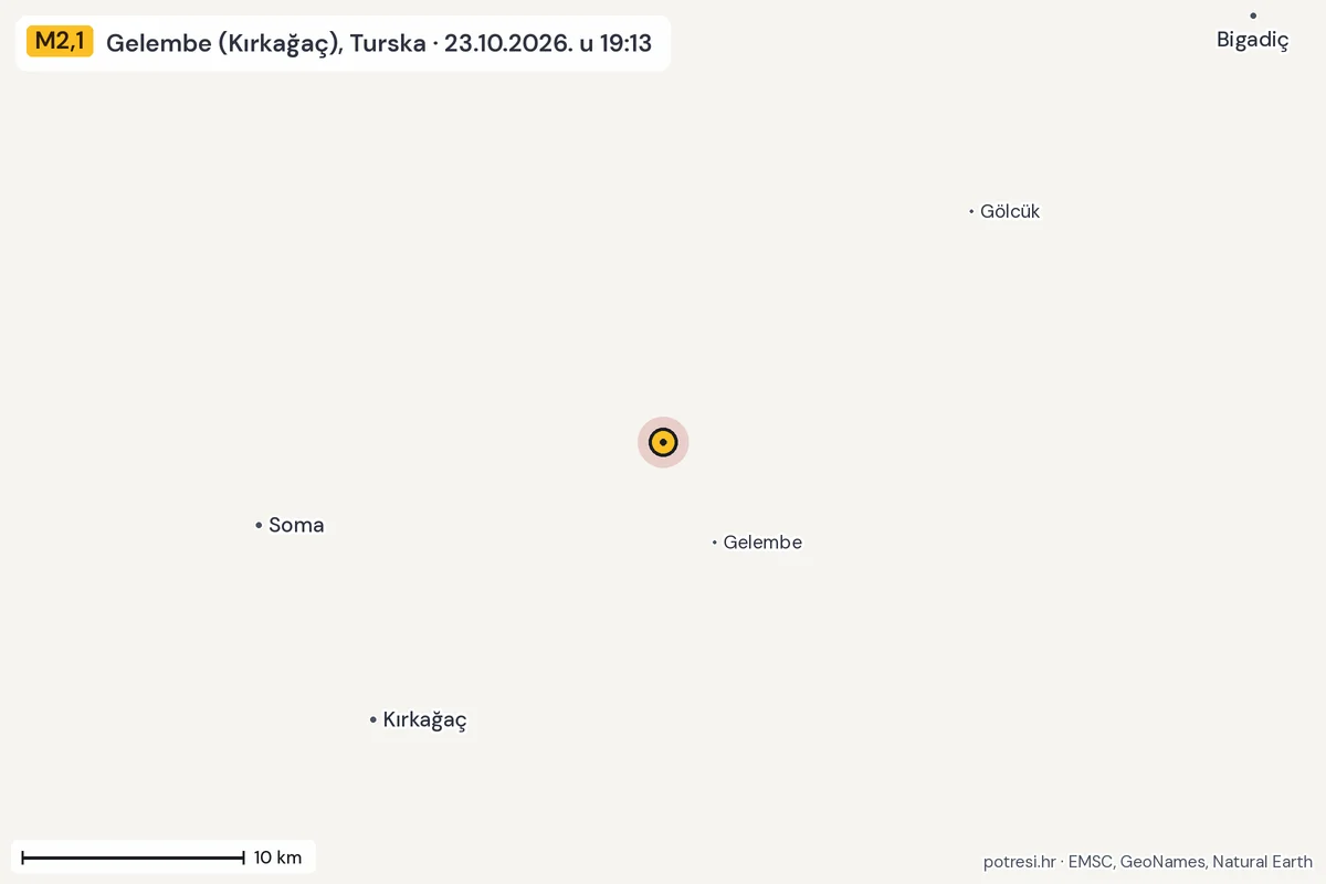 Karta: okolica epicentra, 60 km, potres M2,1, Gelembe (Kırkağaç), Turska, 23.10.2026.