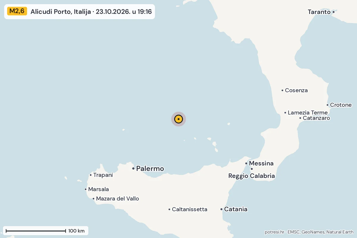 Karta: šire područje, 600 km, potres M2,6, Alicudi Porto, Italija, 23.10.2026.