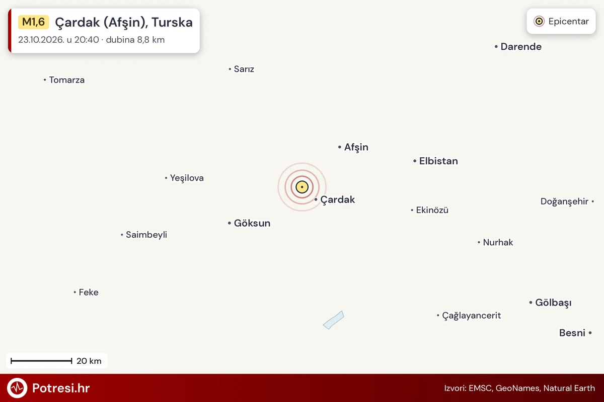 Karta: šire područje i vjerojatni doseg osjeta, potres M1,6, Çardak (Afşin), Turska, 23.10.2026.