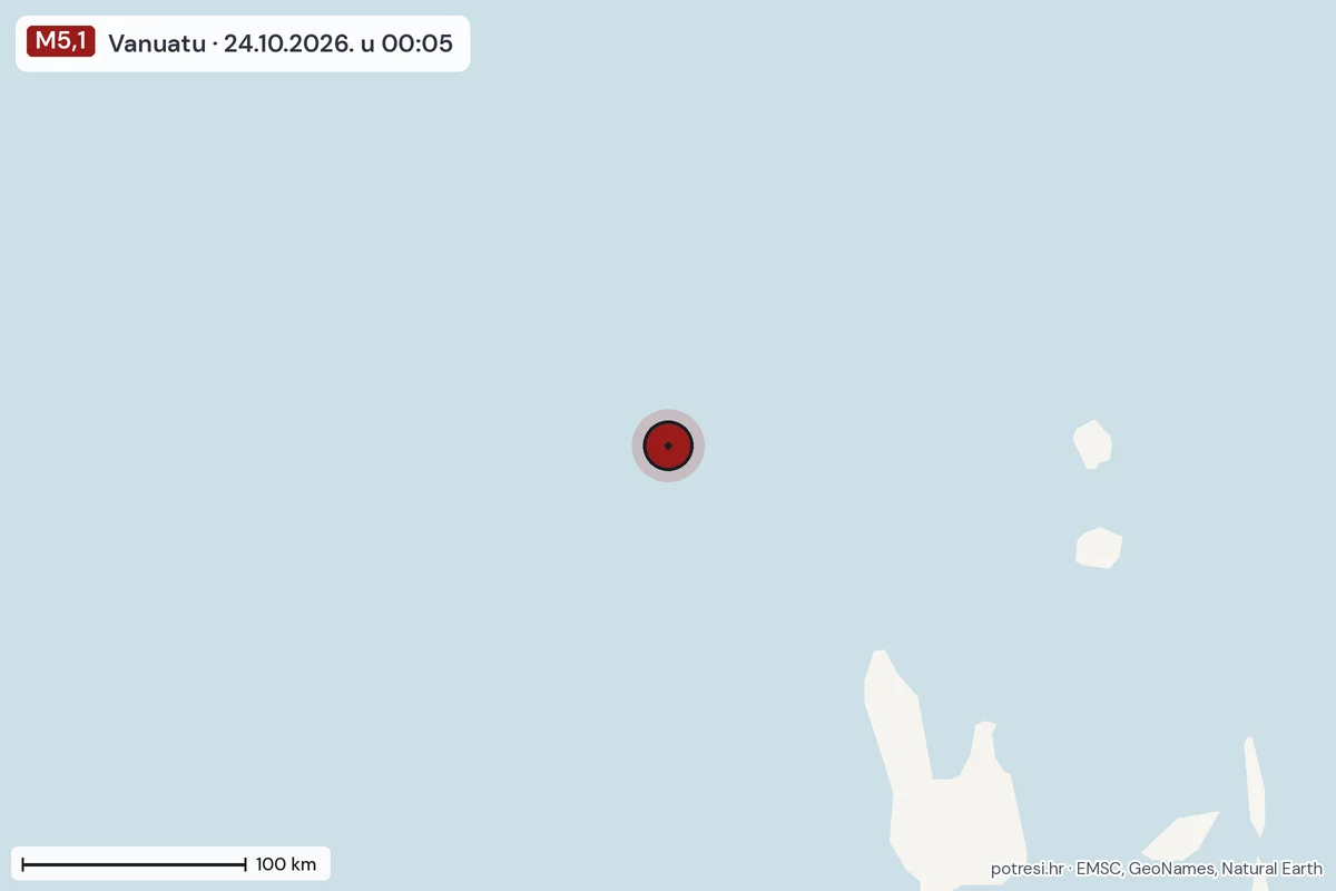 Karta: šire područje, 600 km, potres M5,1, Vanuatu, 24.10.2026.