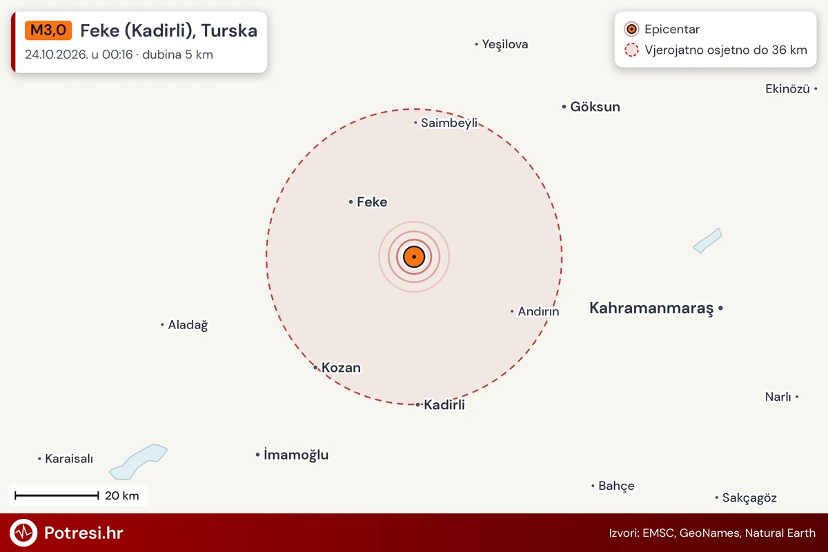Karta: šire područje i vjerojatni doseg osjeta, potres M3,0, Feke (Kadirli), Turska, 24.10.2026.
