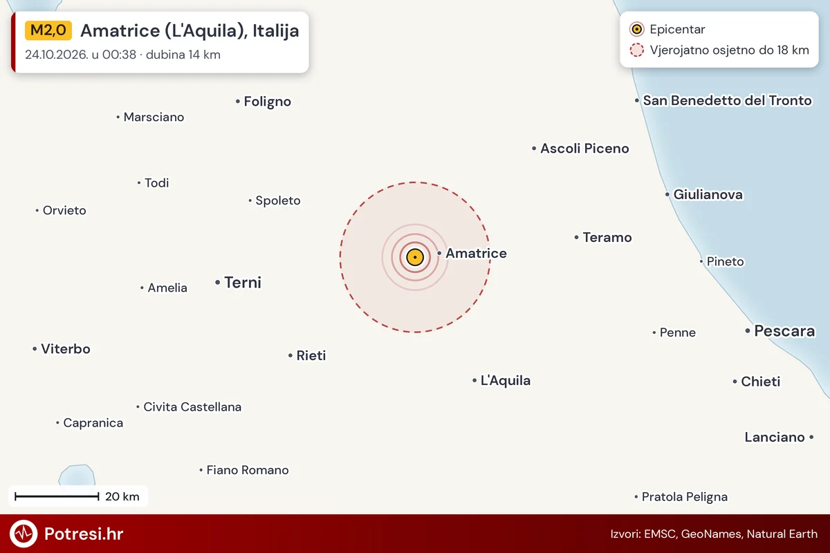 Karta: šire područje i vjerojatni doseg osjeta, potres M2,0, Amatrice (L'Aquila), Italija, 24.10.2026.