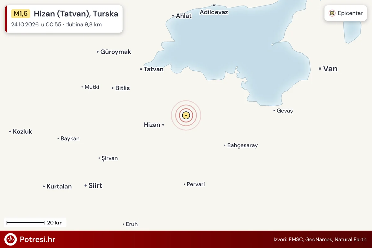Karta: šire područje i vjerojatni doseg osjeta, potres M1,6, Hizan (Tatvan), Turska, 24.10.2026.