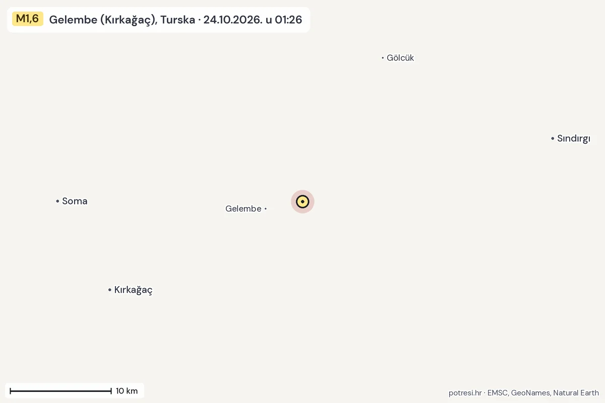 Karta: okolica epicentra, 60 km, potres M1,6, Gelembe (Kırkağaç), Turska, 24.10.2026.