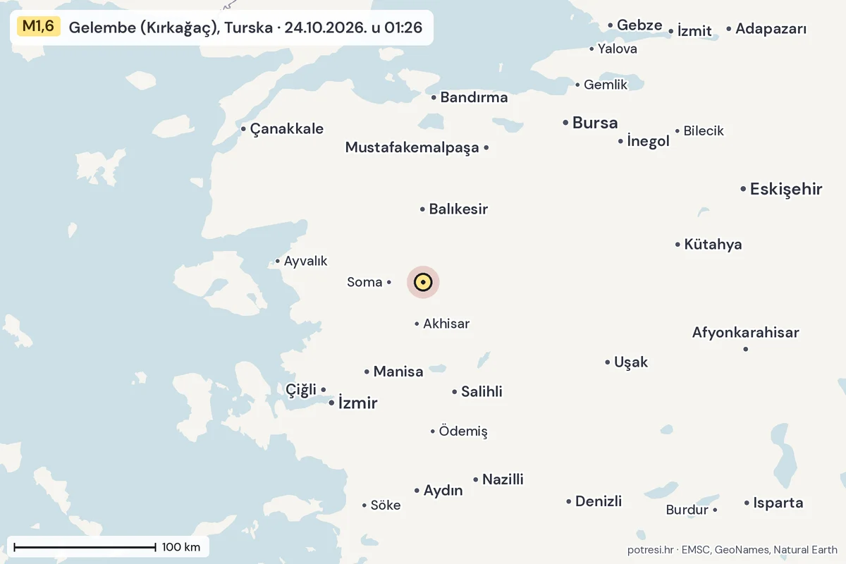 Karta: šire područje, 600 km, potres M1,6, Gelembe (Kırkağaç), Turska, 24.10.2026.
