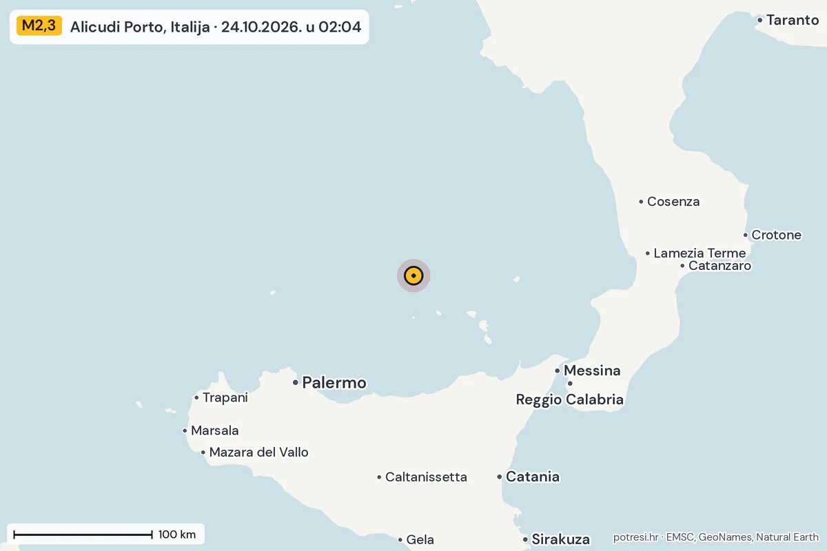 Karta: šire područje, 600 km, potres M2,3, Alicudi Porto, Italija, 24.10.2026.