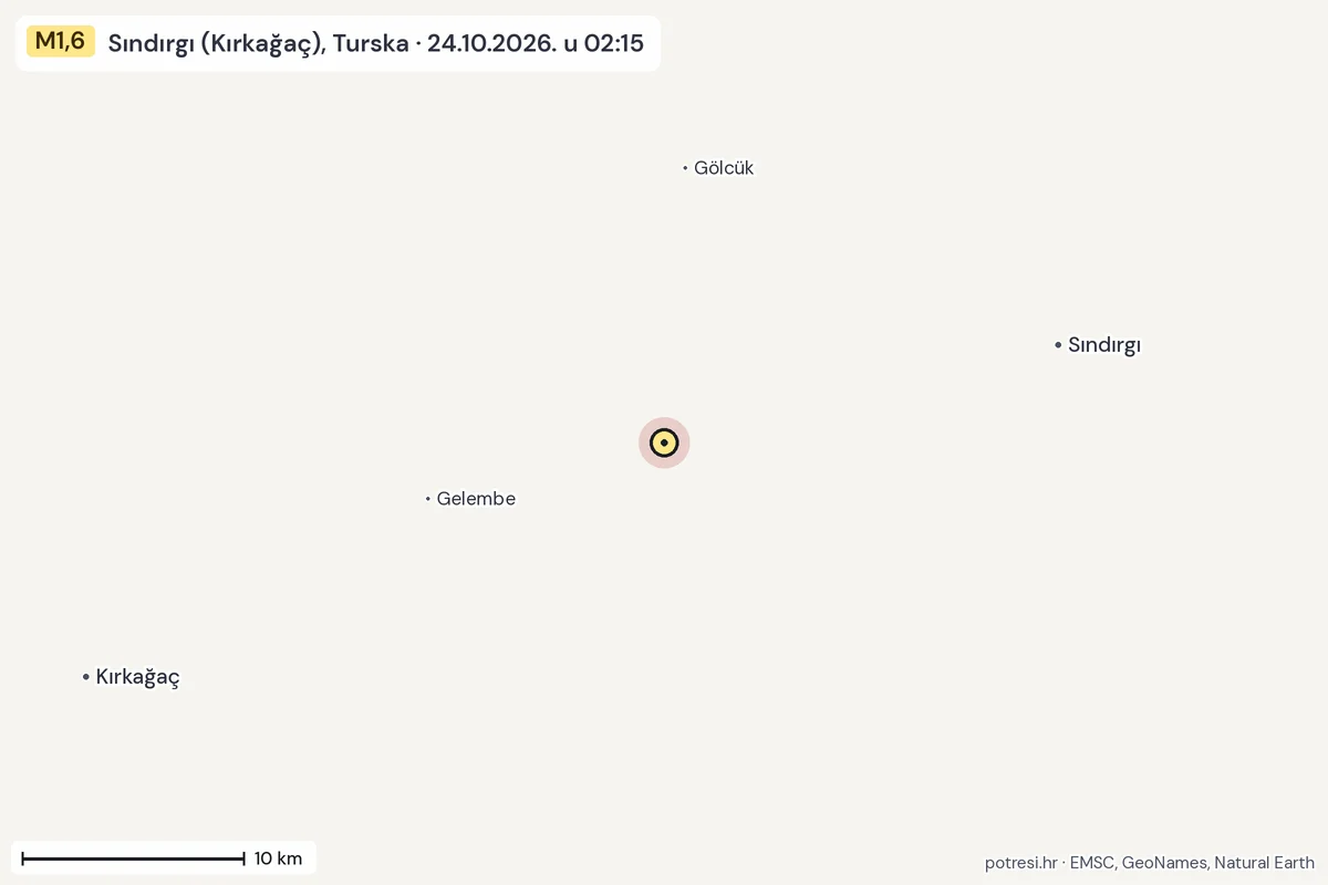 Karta: okolica epicentra, 60 km, potres M1,6, Sındırgı (Kırkağaç), Turska, 24.10.2026.