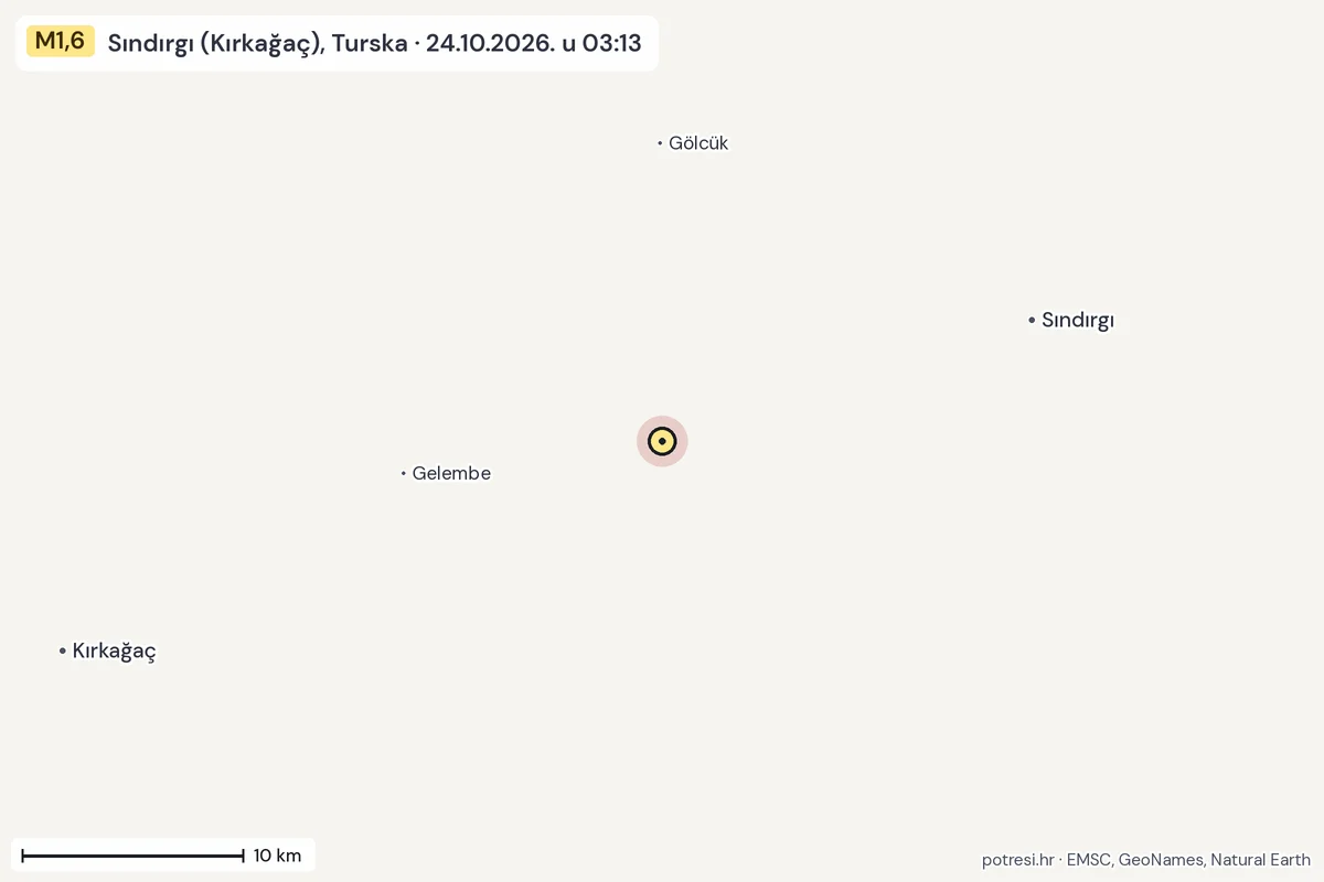 Karta: okolica epicentra, 60 km, potres M1,6, Sındırgı (Kırkağaç), Turska, 24.10.2026.