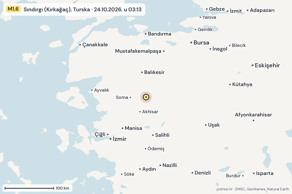 Karta: šire područje, 600 km, potres M1,6, Sındırgı (Kırkağaç), Turska, 24.10.2026.