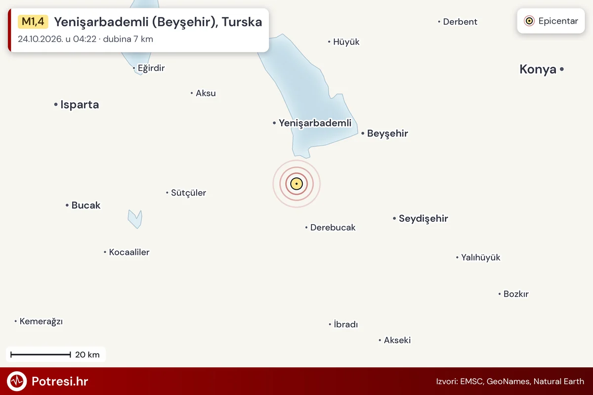 Karta: šire područje i vjerojatni doseg osjeta, potres M1,4, Yenişarbademli (Beyşehir), Turska, 24.10.2026.