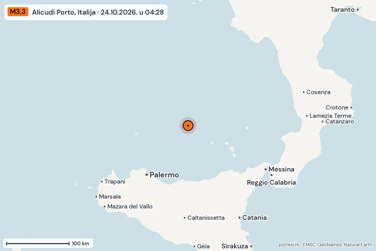 Karta: šire područje, 600 km, potres M3,3, Alicudi Porto, Italija, 24.10.2026.
