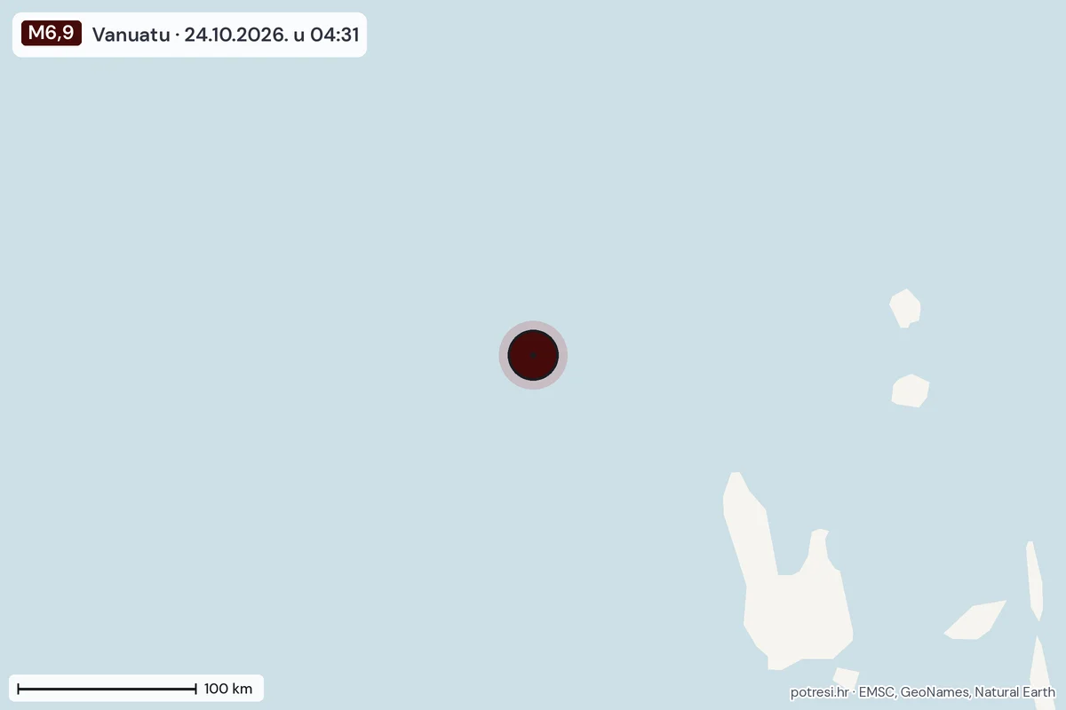 Karta: šire područje, 600 km, potres M6,9, Vanuatu, 24.10.2026.
