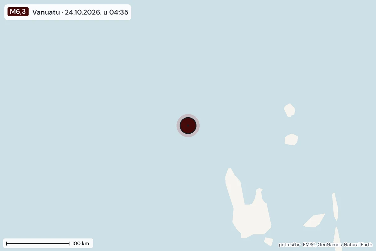 Karta: šire područje, 600 km, potres M6,3, Vanuatu, 24.10.2026.