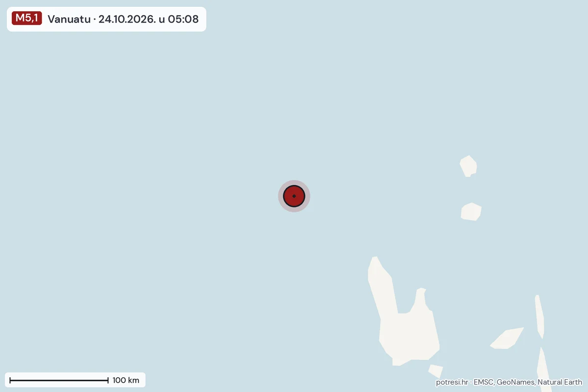 Karta: šire područje, 600 km, potres M5,1, Vanuatu, 24.10.2026.