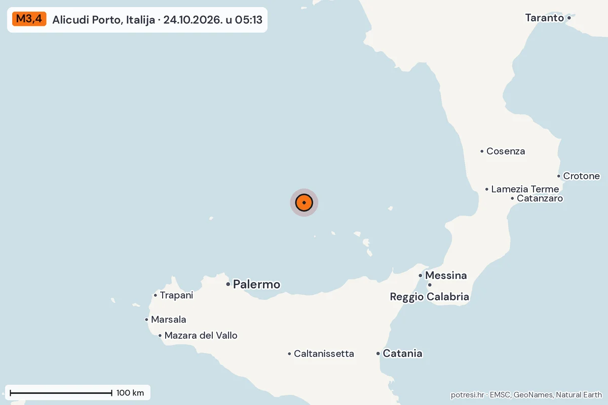 Karta: šire područje, 600 km, potres M3,4, Alicudi Porto, Italija, 24.10.2026.