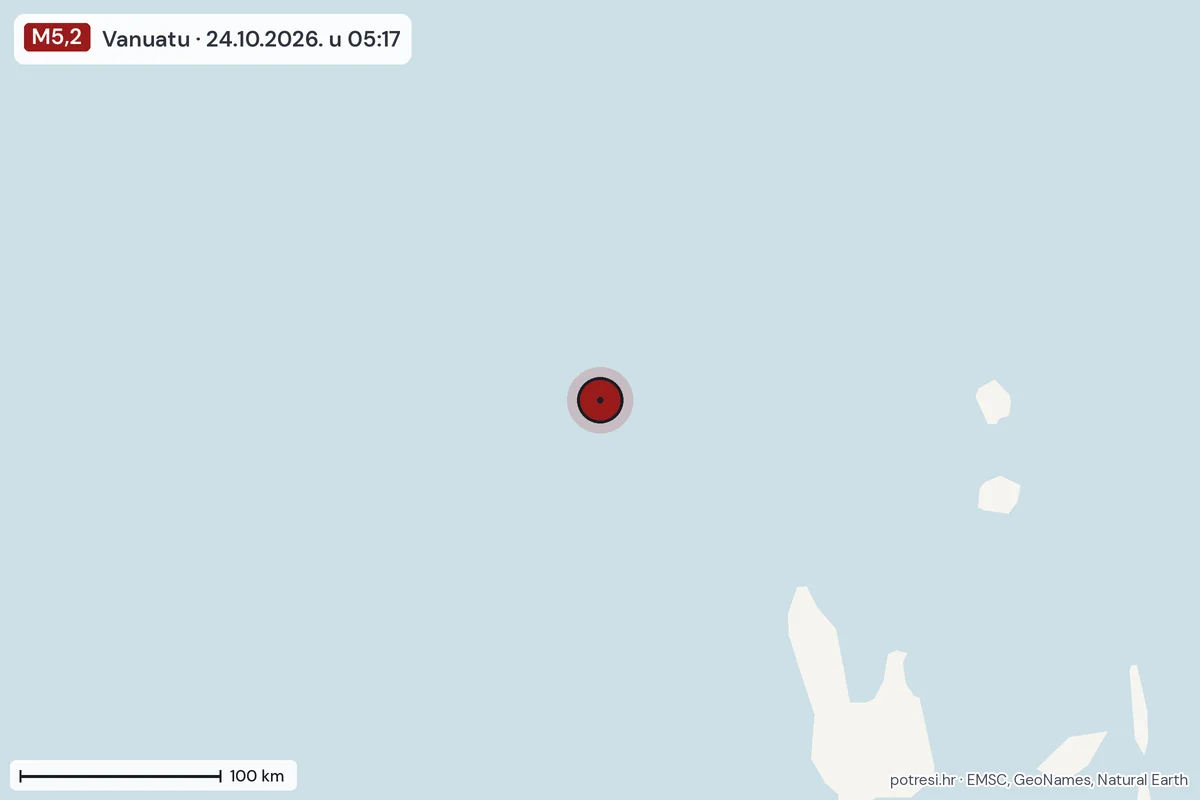 Karta: šire područje, 600 km, potres M5,2, Vanuatu, 24.10.2026.