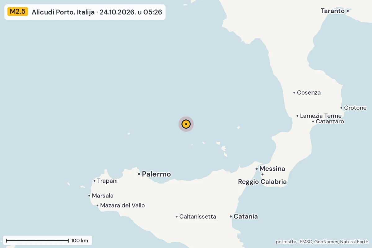 Karta: šire područje, 600 km, potres M2,5, Alicudi Porto, Italija, 24.10.2026.