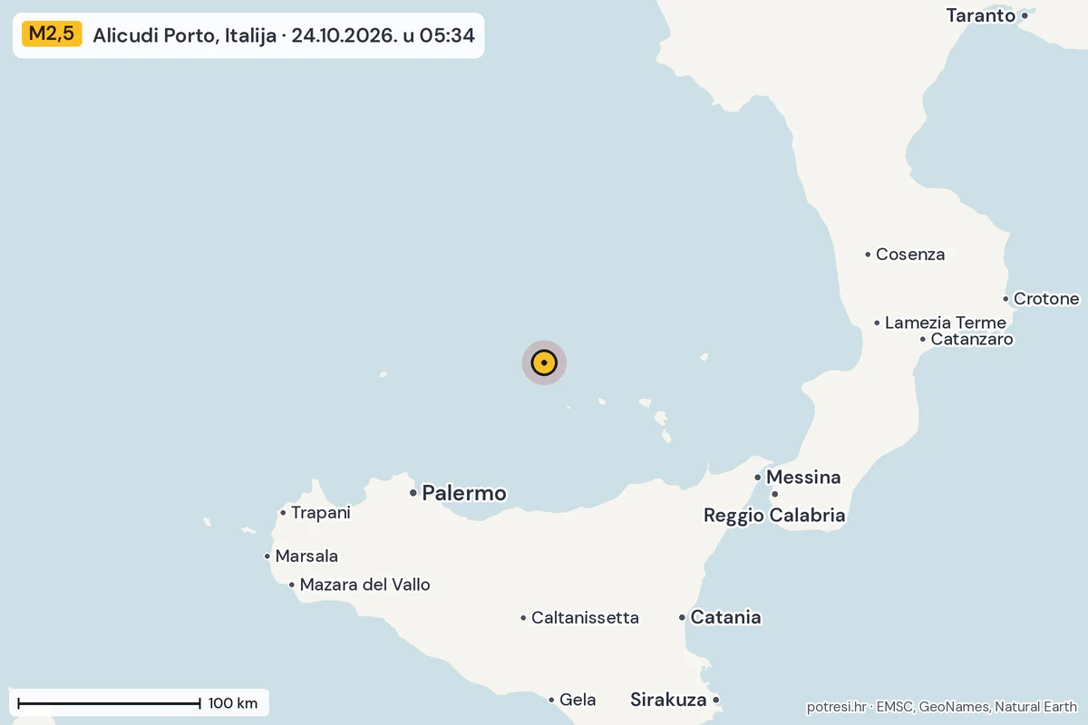 Karta: šire područje, 600 km, potres M2,5, Alicudi Porto, Italija, 24.10.2026.