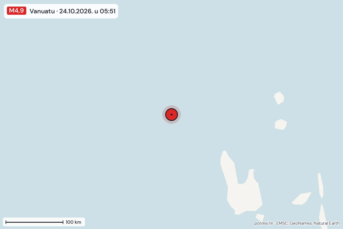 Karta: šire područje, 600 km, potres M4,9, Vanuatu, 24.10.2026.