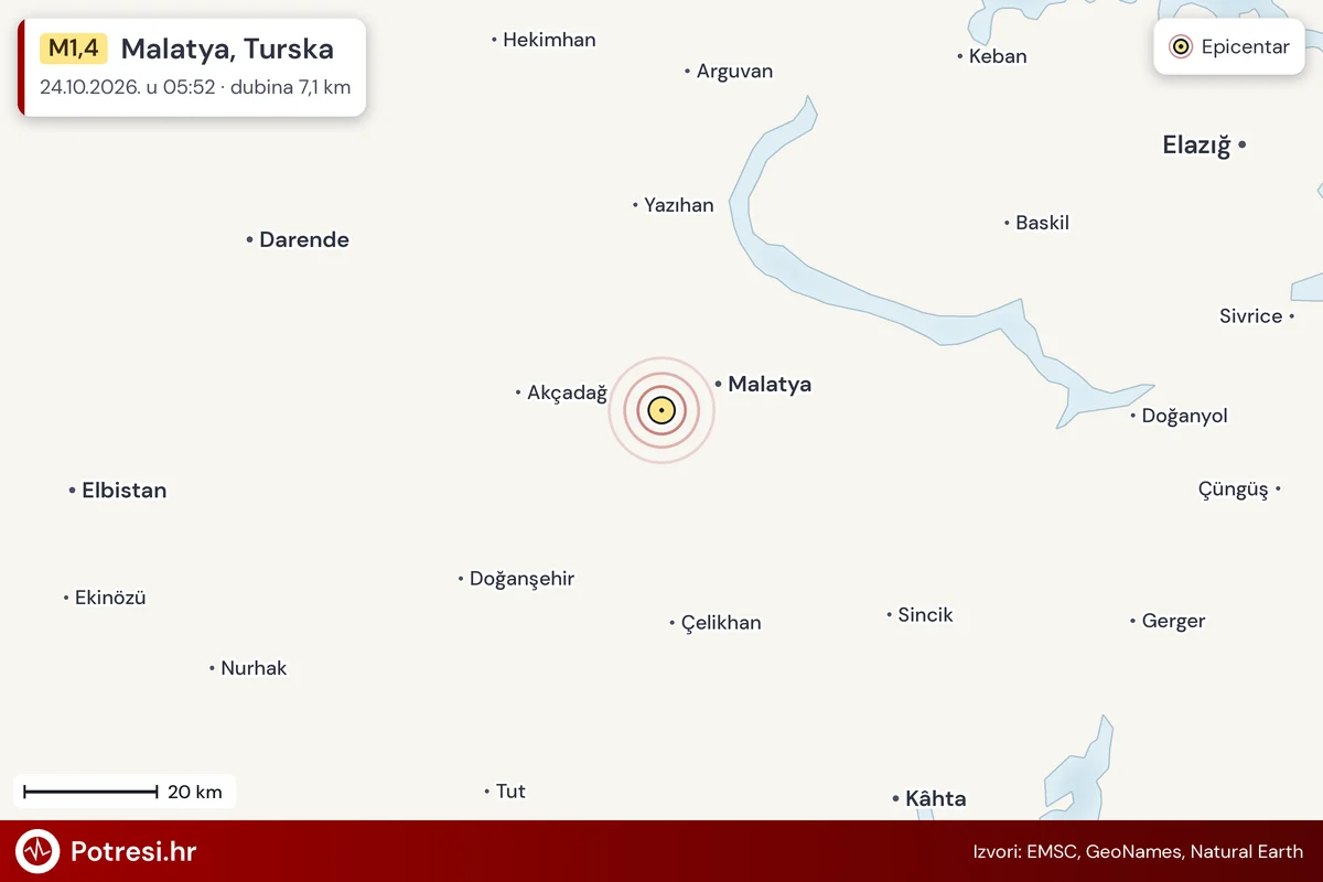 Karta: šire područje i vjerojatni doseg osjeta, potres M1,4, Malatya, Turska, 24.10.2026.
