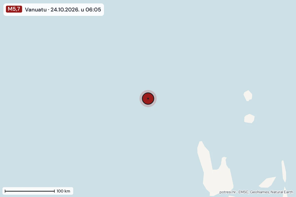 Karta: šire područje, 600 km, potres M5,7, Vanuatu, 24.10.2026.