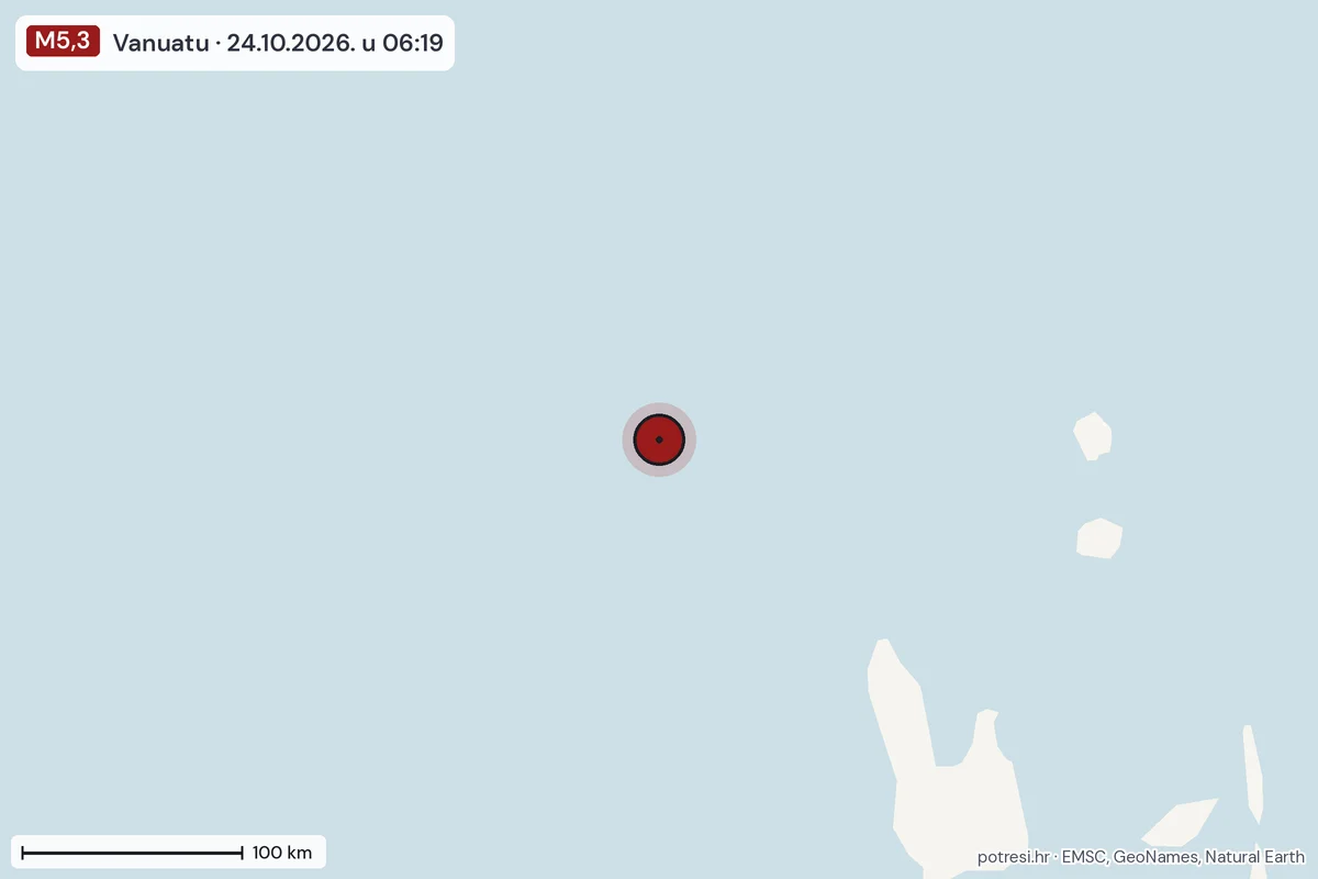 Karta: šire područje, 600 km, potres M5,3, Vanuatu, 24.10.2026.