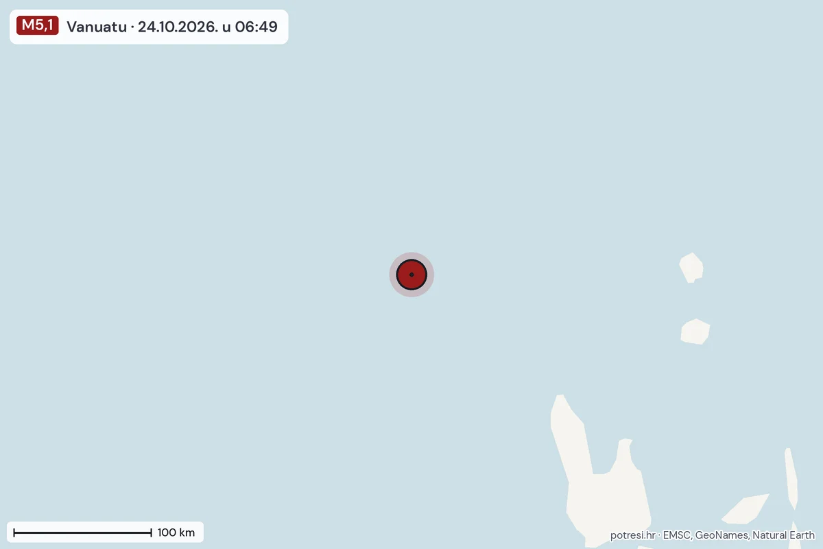 Karta: šire područje, 600 km, potres M5,1, Vanuatu, 24.10.2026.