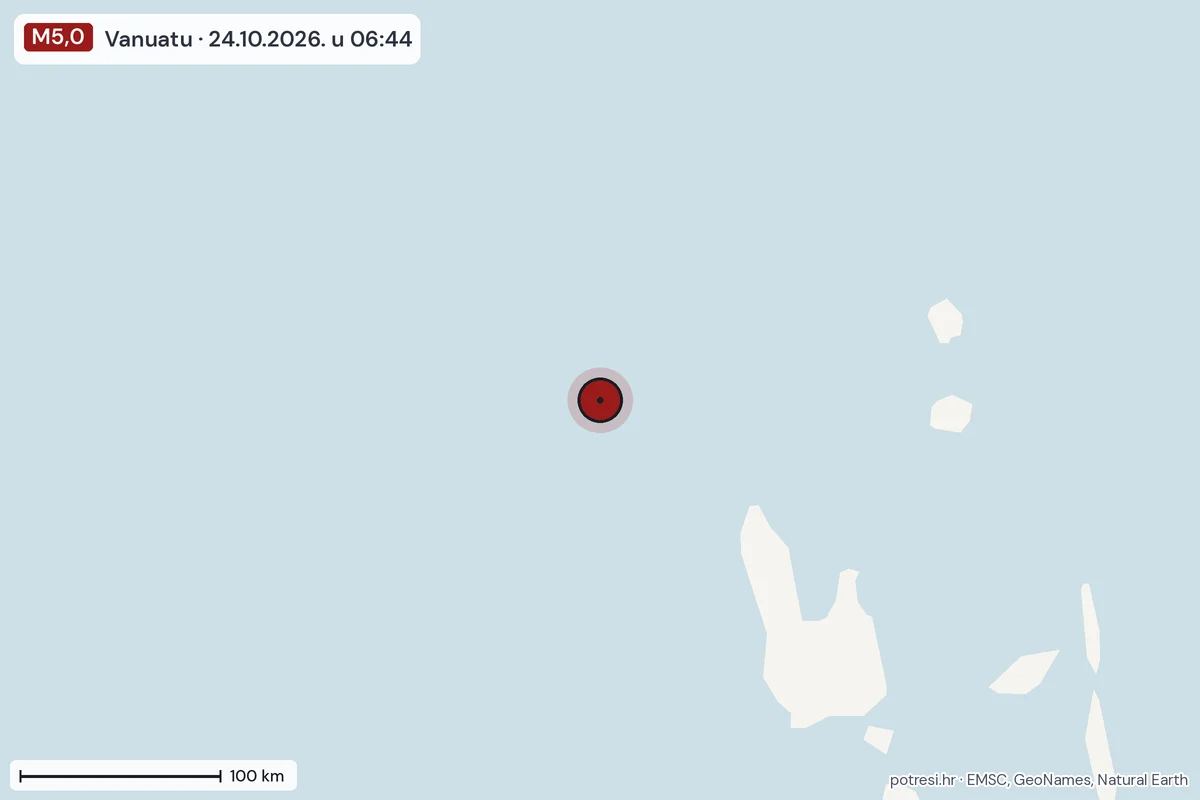 Karta: šire područje, 600 km, potres M5,0, Vanuatu, 24.10.2026.