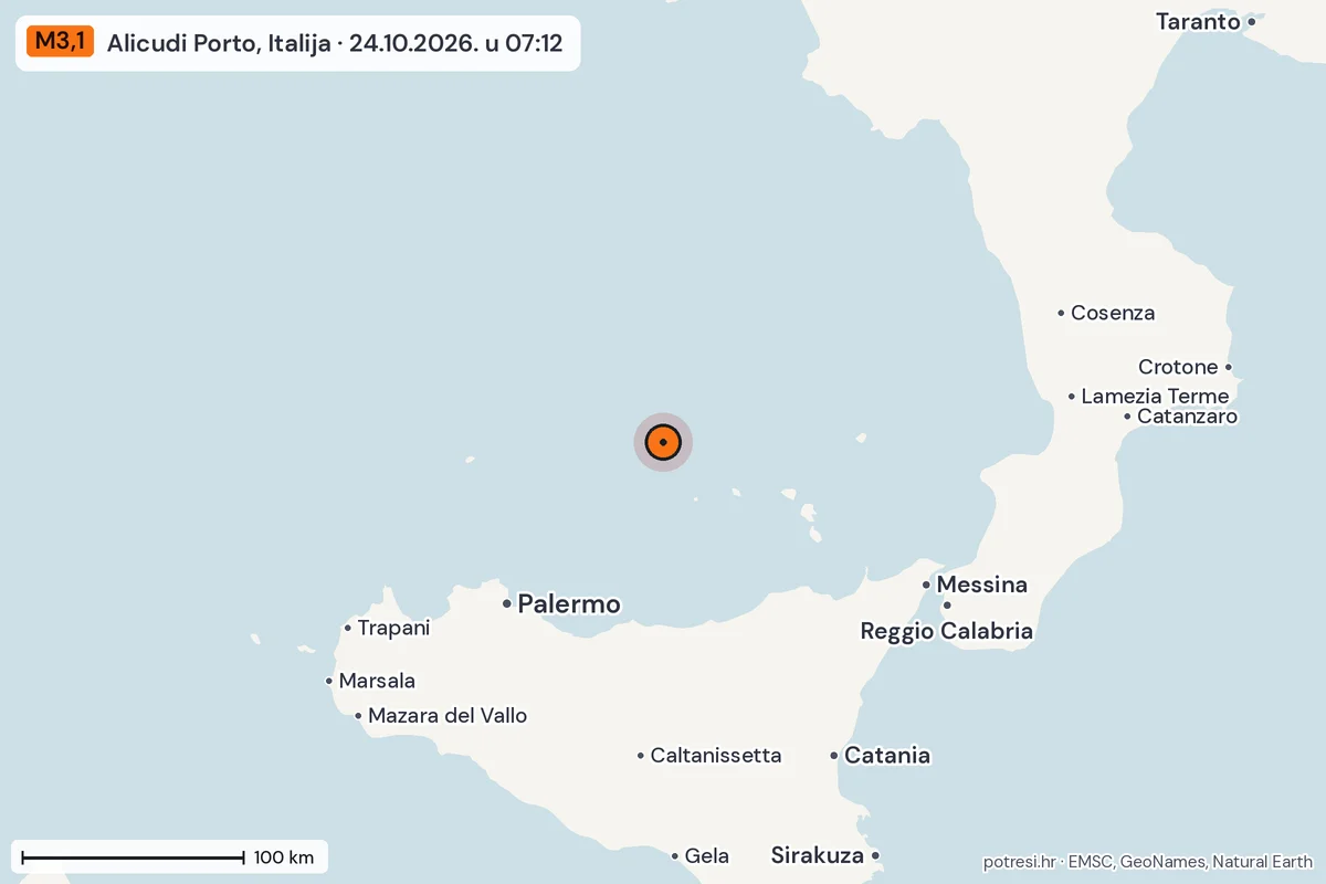 Karta: šire područje, 600 km, potres M3,1, Alicudi Porto, Italija, 24.10.2026.
