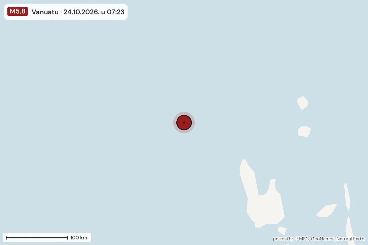 Karta: šire područje, 600 km, potres M5,8, Vanuatu, 24.10.2026.