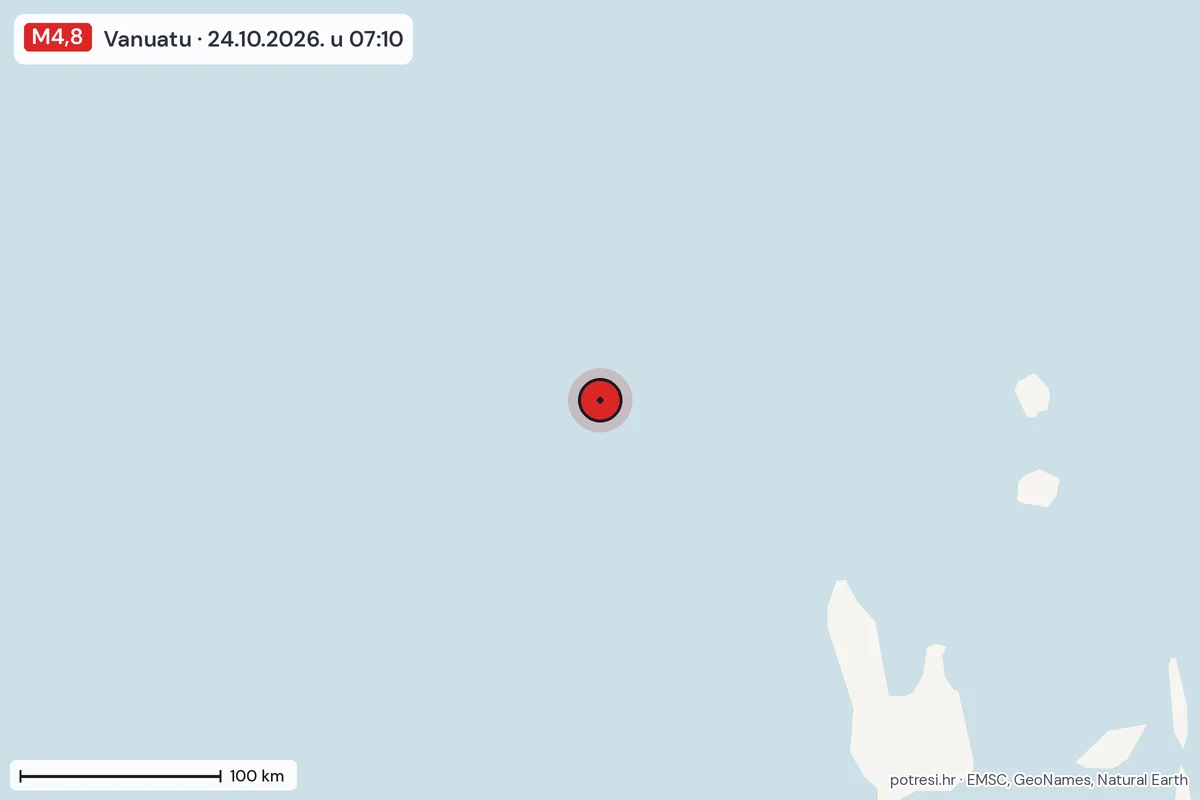 Karta: šire područje, 600 km, potres M4,8, Vanuatu, 24.10.2026.