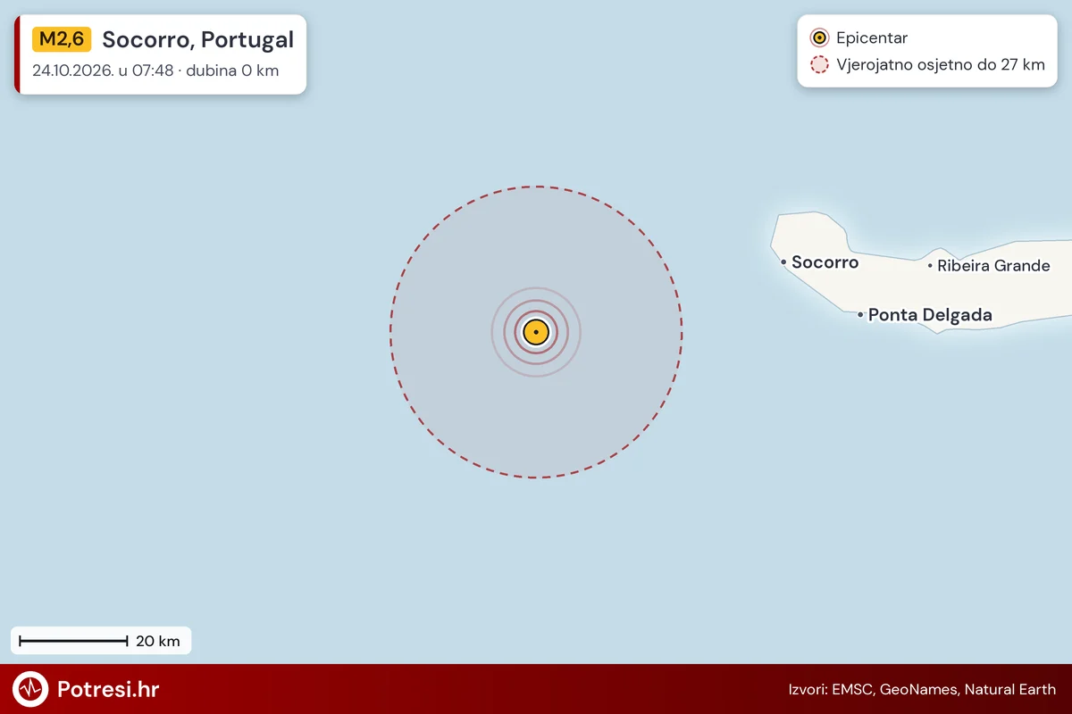 Karta: šire područje i vjerojatni doseg osjeta, potres M2,6, Socorro, Portugal, 24.10.2026.
