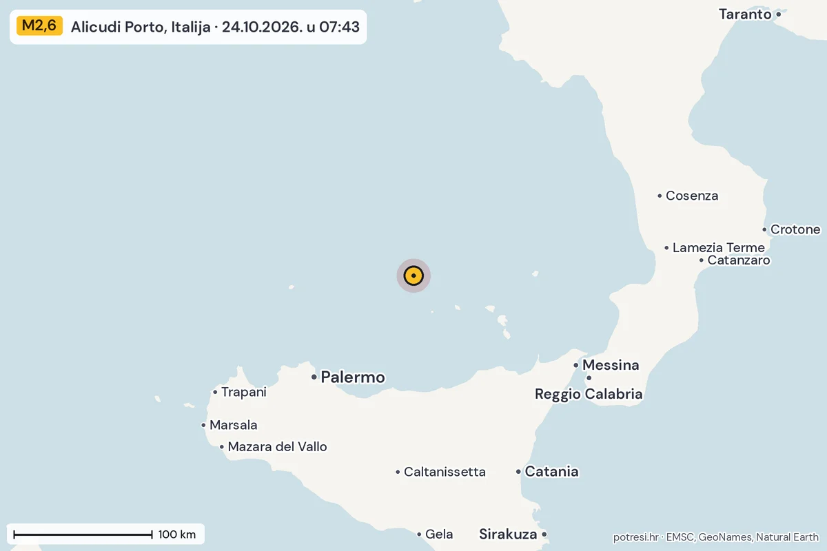 Karta: šire područje, 600 km, potres M2,6, Alicudi Porto, Italija, 24.10.2026.