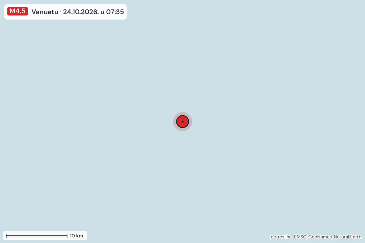 Karta: okolica epicentra, 60 km, potres M4,5, Vanuatu, 24.10.2026.